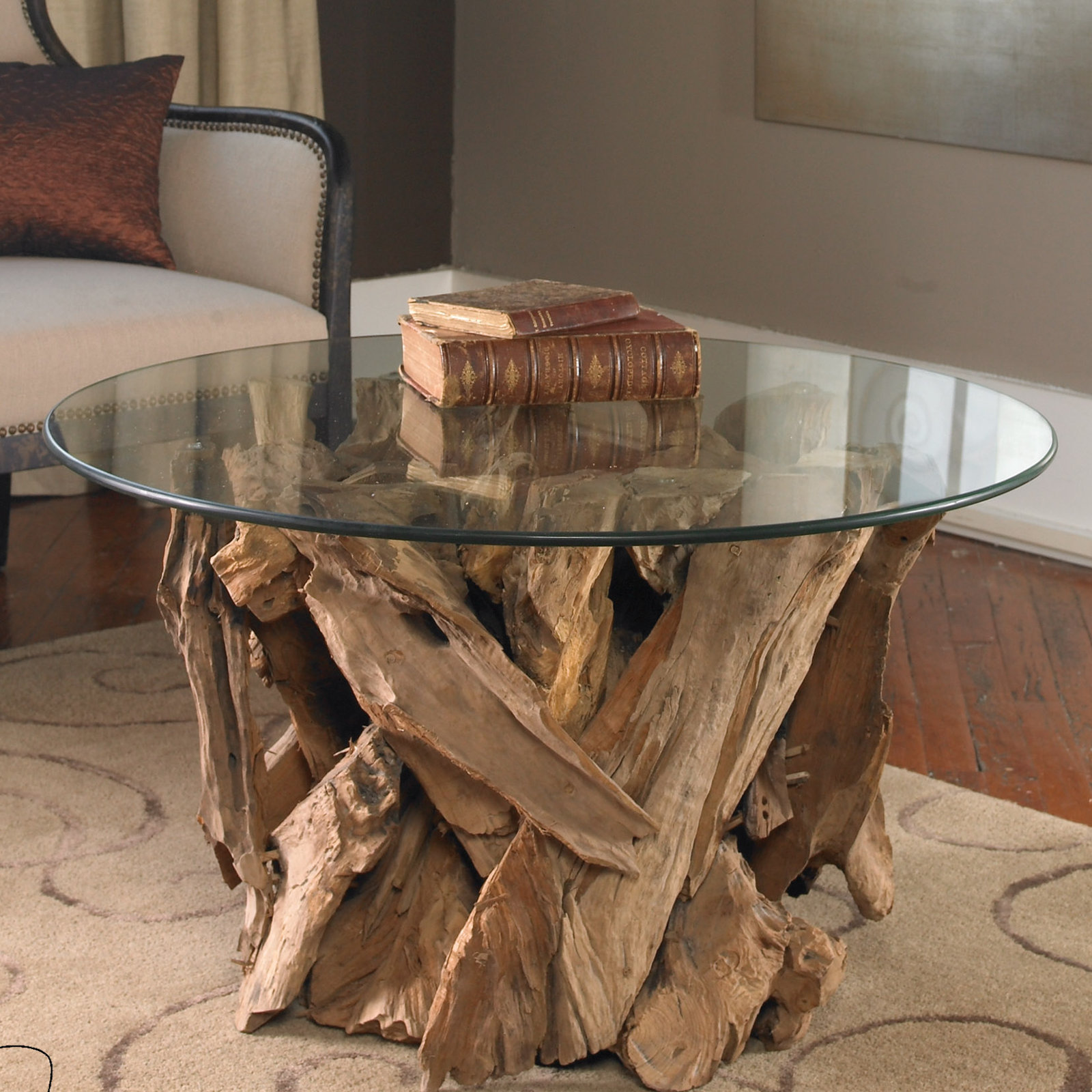 Julip 36" Glass Teak Coffee Table