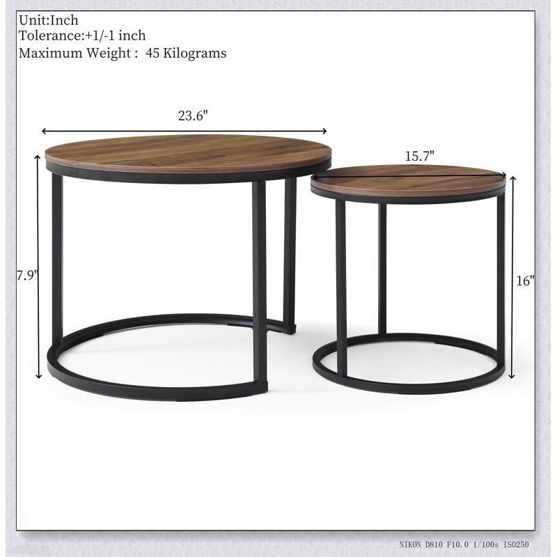Ensemble de 2 tables basses gigognes rondes avec structure en métal robuste pour salon et chambre à coucher industriels modernes