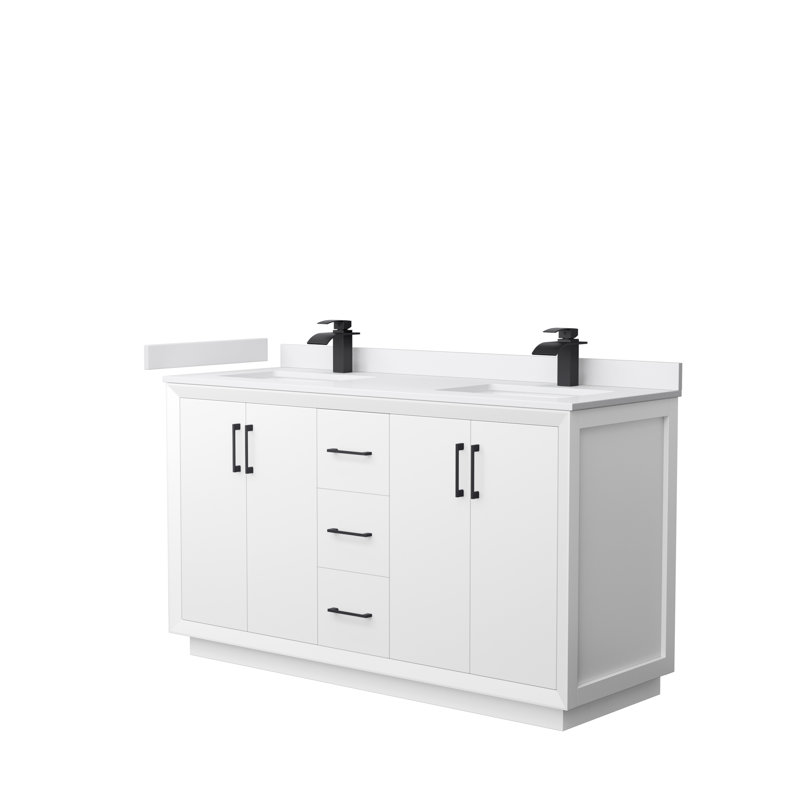Ensemble de meuble-lavabo double 60 po Strada, Noir mat, Blanc, Marbre de culture blanc