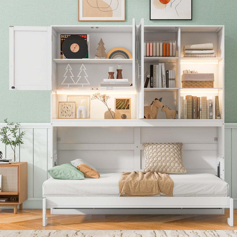Twin Murphy Bed Cabinet With Lights Bookcase And Power Outlets, White