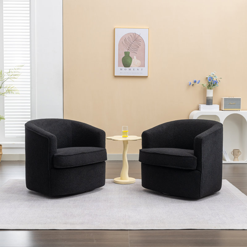 Burnsfield Upholstered Swivel Barrel Chair, Black Polyester