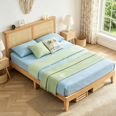 Base de lit de tête de lit en rotin naturel avec lumières DEL, base en bois d'ingénierie avec lattes silencieuses, cadre de lit plateforme grand, silencieux, aucun sommier requis, assemblage facile.