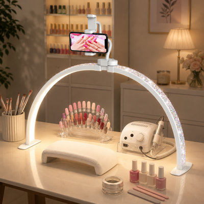 Large 29-Inch Foldable Half-Moon Nail Desk Lamp with Phone Holder, 3 Color Modes and 10 Brightness Levels for Beginner Manicure Salons