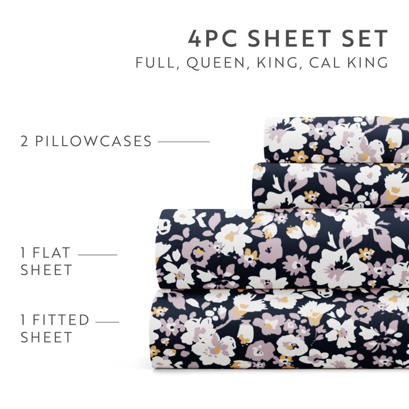 Navy Floral Full Microfiber 3-Piece Sheet Set