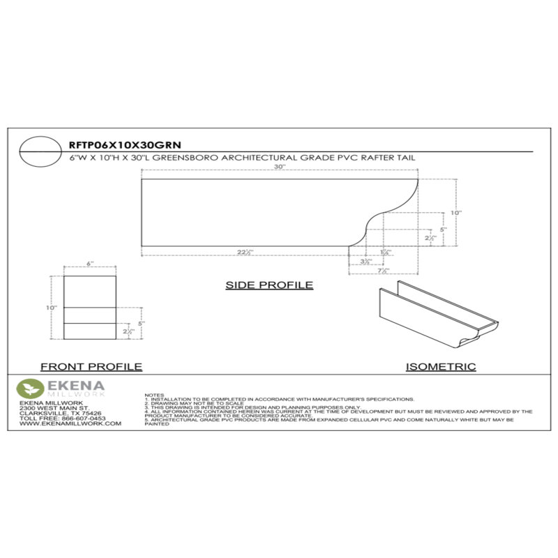 Queue de chevron standard en PVC de qualité architecturale Greensboro, H 10 po x L 6 po x P 30 po