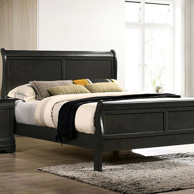 Lit double en bois massif, design, gris pour chambre à coucher, gris, marchandise