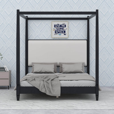 Canopy Bed With Upholstered Headboard,Solid Wood 4 Poster Platform Bed Frame With Tapered Legs,Mid Century Modern Canopy Beds