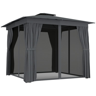 Gazebo de terrasse 3 m x 3 m, abri de jardin avec toit souple, rideaux et moustiquaire
