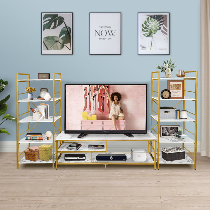 Meuble télé à 3 niveaux pour téléviseur de 75 po ou moins, Doré / Blanc