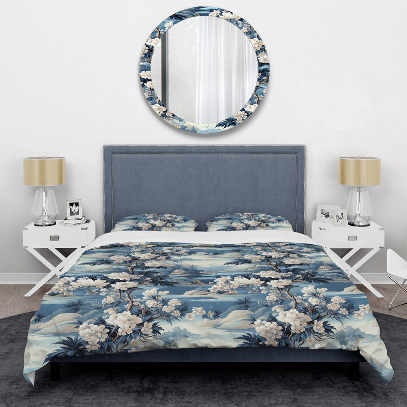 Literie à motif floral rétro bleu Toile, Housse de couette pour très grand lit et 2 très