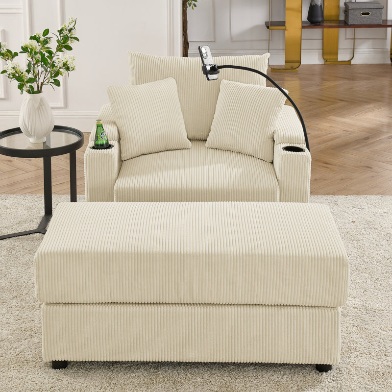 Fauteuil en velours côtelé beige avec support pour téléphone - porte-gobelet de rangement de salon moderne, siège robuste de 22,5 po et porte-gobelet spacieux
