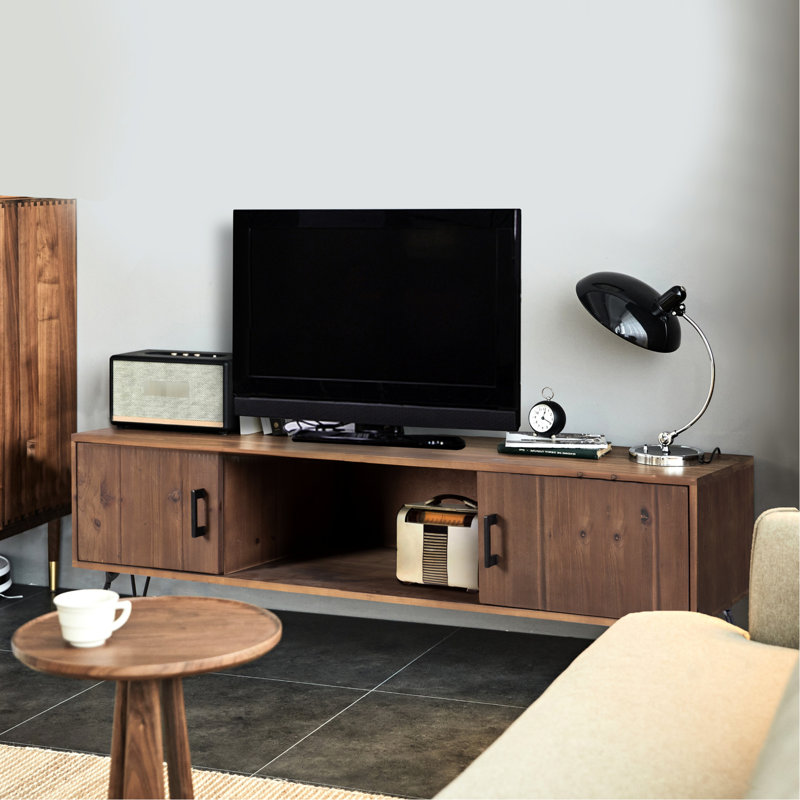 Meuble télé industriel en bois recyclé avec rangement - Bois massif, fini naturel, 152 cm de profondeur x 46 cm de largeur x 51 cm de hauteur, 2 espaces, finition naturelle, salon