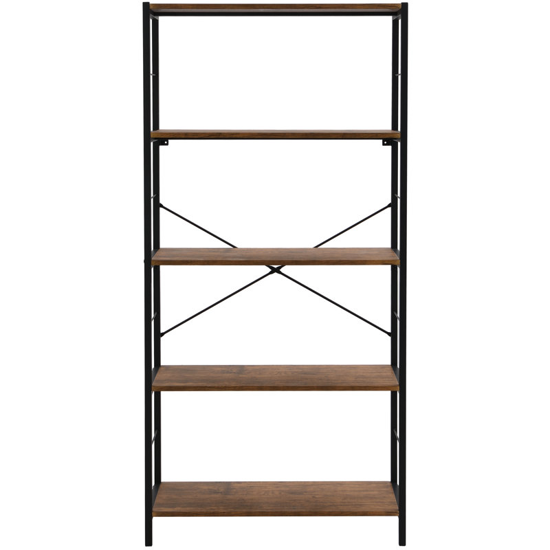 Hallum 64" H x 30" W 5 Tier Modern Rustic Bookcase, Steel Etagere Bookshelf, Storage Rack for Home Office, Living Room, Kitchen, Coffee Shelves and Black Frame