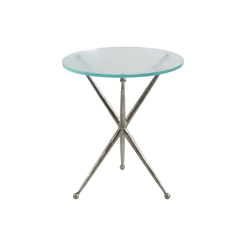 Antique Silver Leaf Round Metal End Table with Glass Top
