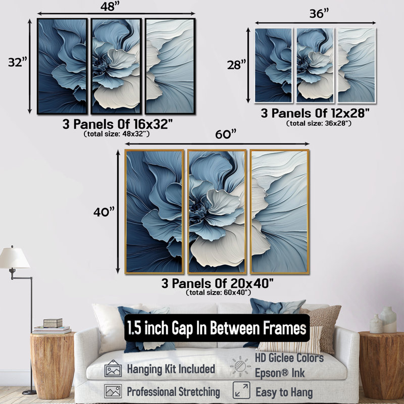 «Blue White Coastal Garden Of Flowers II - Abstract Botanicals», ensemble de reproductions d'art mural, H 32 po x l 48 po
