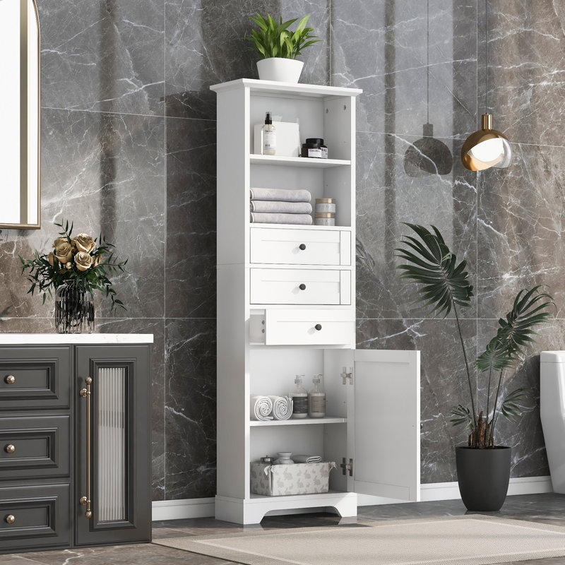 Tall Storage Cabinet With 3 Drawers And Adjustable Shelves For Bathroom, Study, Office And Interior, White
