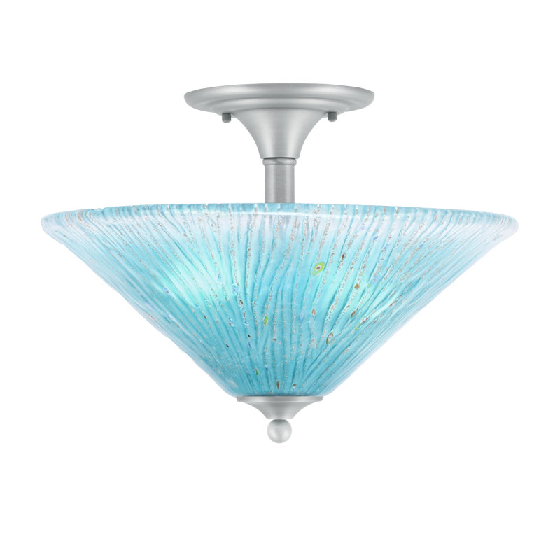 Plafonnier semi-encastré, 2 ampoules, fini nickel brossé, verre cristal turquoise 40,6 cm, Gris, Bleu