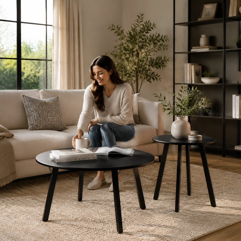 Ensemble de 2 tables basses gigognes rondes, acier noir.