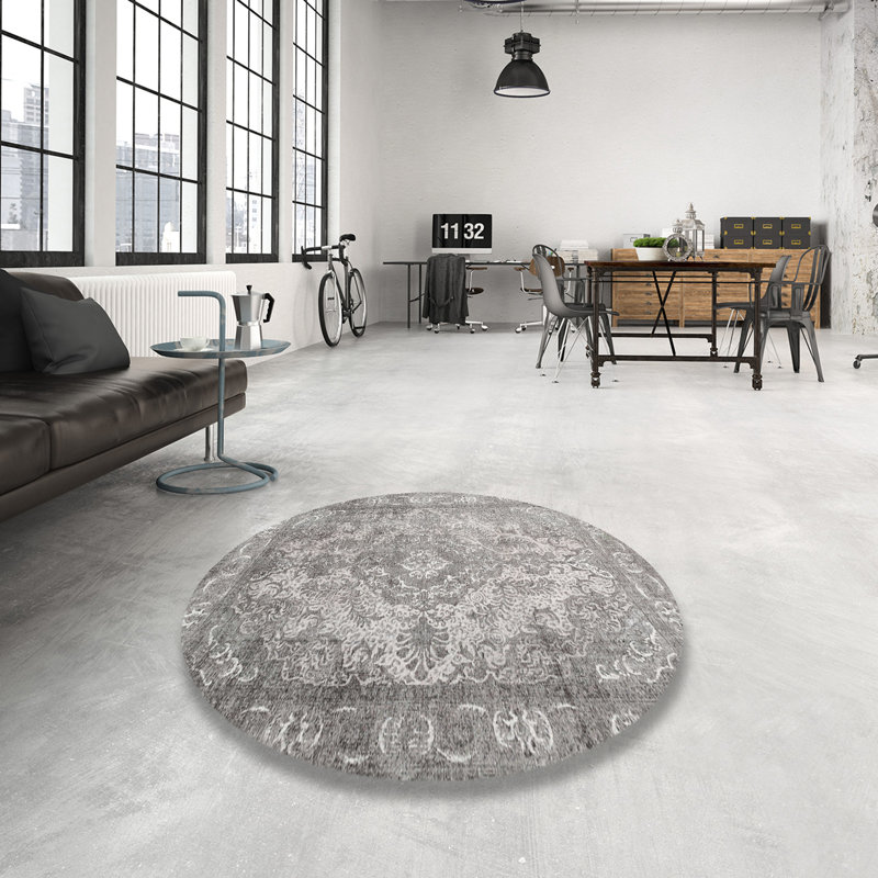 Tapis contemporain gris / blanc, Rond 8 pi