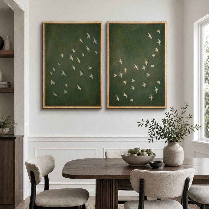 Illustration d'oiseau volant vert olive, images de salon, impression sur toile encadrée, 2 pièces, 36" H x 48" W x 1.5" D