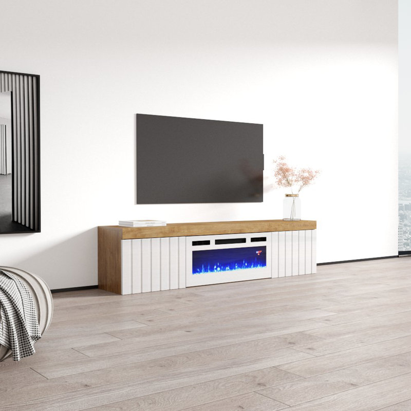Floating 70.9" Modern TV Stand with Electric Fireplace, High Gloss Finish, Wall-Mounted, Oak/white