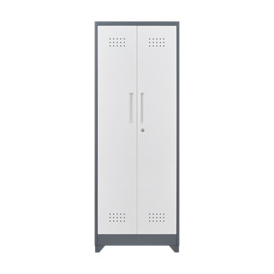 Armoire de rangement à balais avec portes et tablettes verrouillables, armoire de rangement en métal de 65 po de hauteur avec tringle à crochet et crochets en S, armoire de rangement pour outils de nettoyage gris