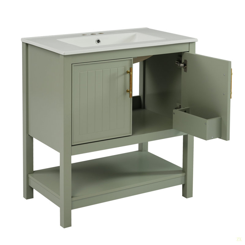 Meuble-lavabo de 30 pouces avec lavabo en céramique et rangement polyvalent - idéal pour les petites salles de bain, Vert