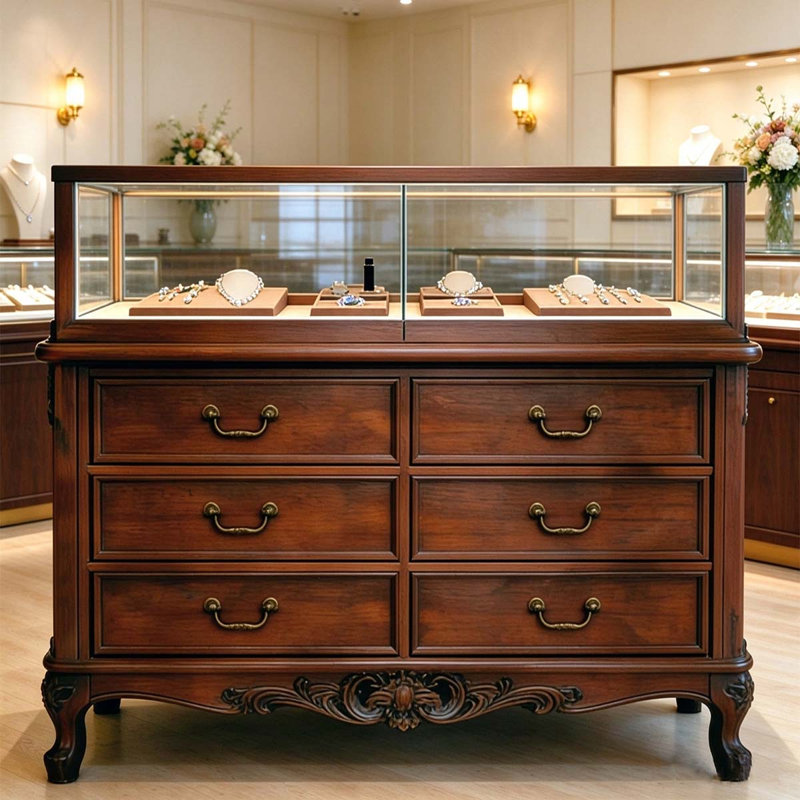 Armoire de rangement pour bijoux en bois massif noisette avec compartiments de style tiroir