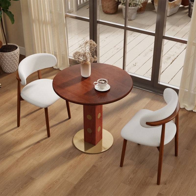 Φ Table de salle à manger ronde rétro en noyer de 80 cm avec base en laiton et bois massif. Table avec pieds en bois et base dorée, table pour 2 personnes pour petit espace