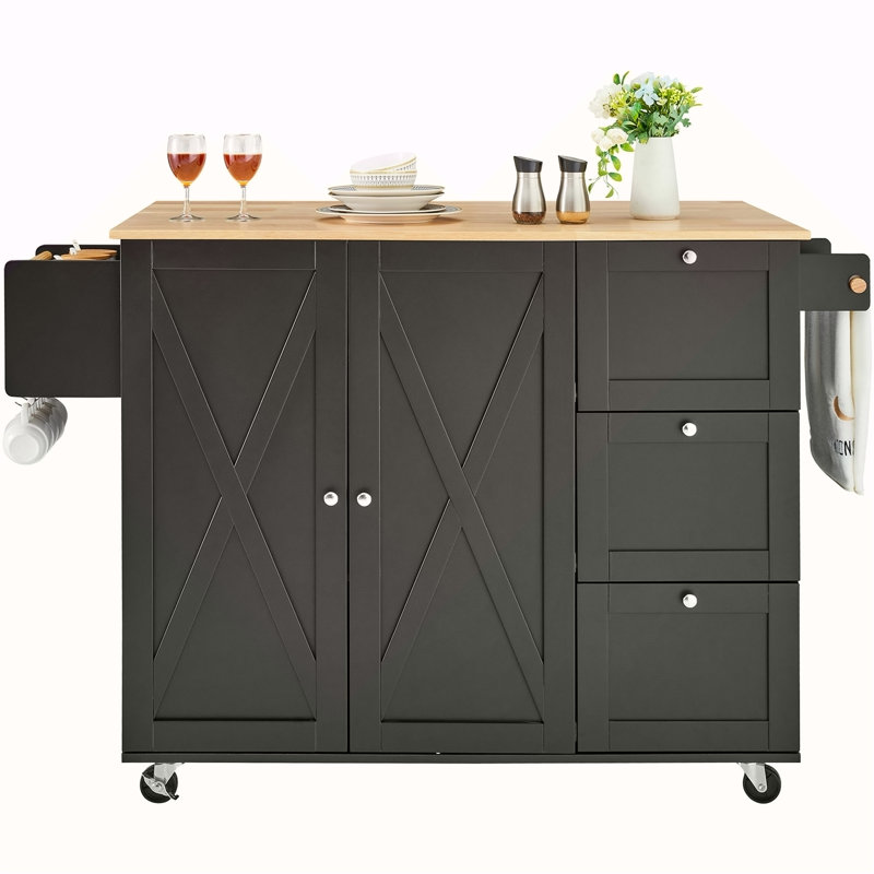 Kitchen Island Cart Rolling Storage Cabinet On Wheel With Drawer & Shelves, Black
