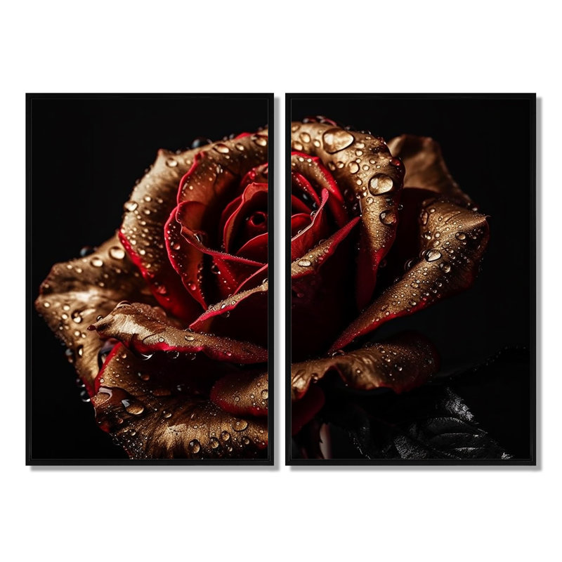 «Morning Dew On Exquiste Red Rose», art mural rouge, Black, 36" H x 48" W, Impression encadrée flottante