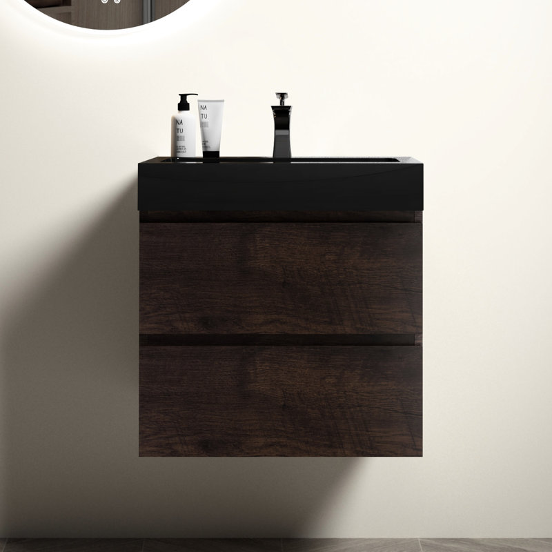 Meuble-lavabo de salle de bain 24 po - noyer, fixation murale, rangement spacieux, lavabo noir, tiroir moderne silencieux, lavabo avec lavabo, grands tiroirs