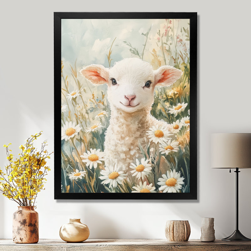 Petit agneau parmi les marguerites II - Tableau encadré printanier, 40" H x 30" W, Black Picture Framed