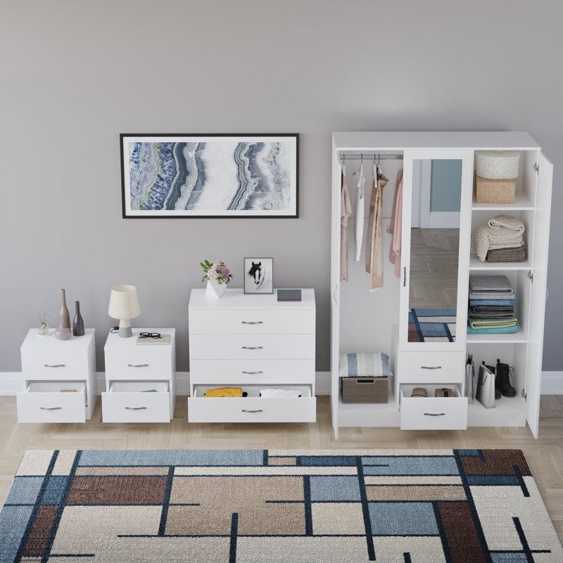 Tayce 4 Piece Bedroom Set (2 Drawer Bedside Chest, 4 Drawer Chest, 3 Door 2 Drawer Mirrored Wardrobe), White