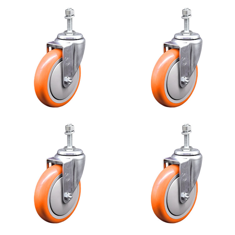 Ensemble de roulettes à tige filetée 5 pouces en polyuréthane pivotant de 3/8 pouce, Orange