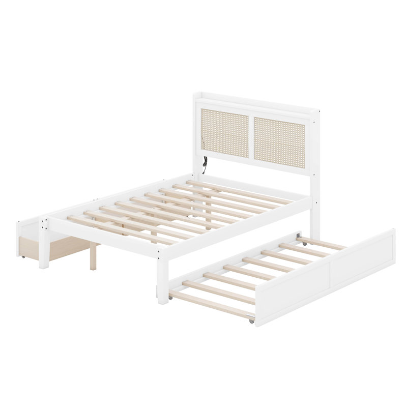 Full Size Elegant Bed Frame with Rattan Headboard and Sockets, White