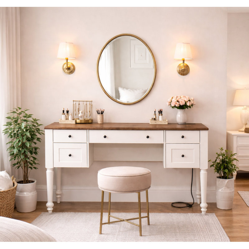 56" Spacious Vanity Desk With 5 Drawers, Wooden Big Makeup Vanity Table with Charging Station, Rear Cabinet, Open Shelf, White, No Mirror