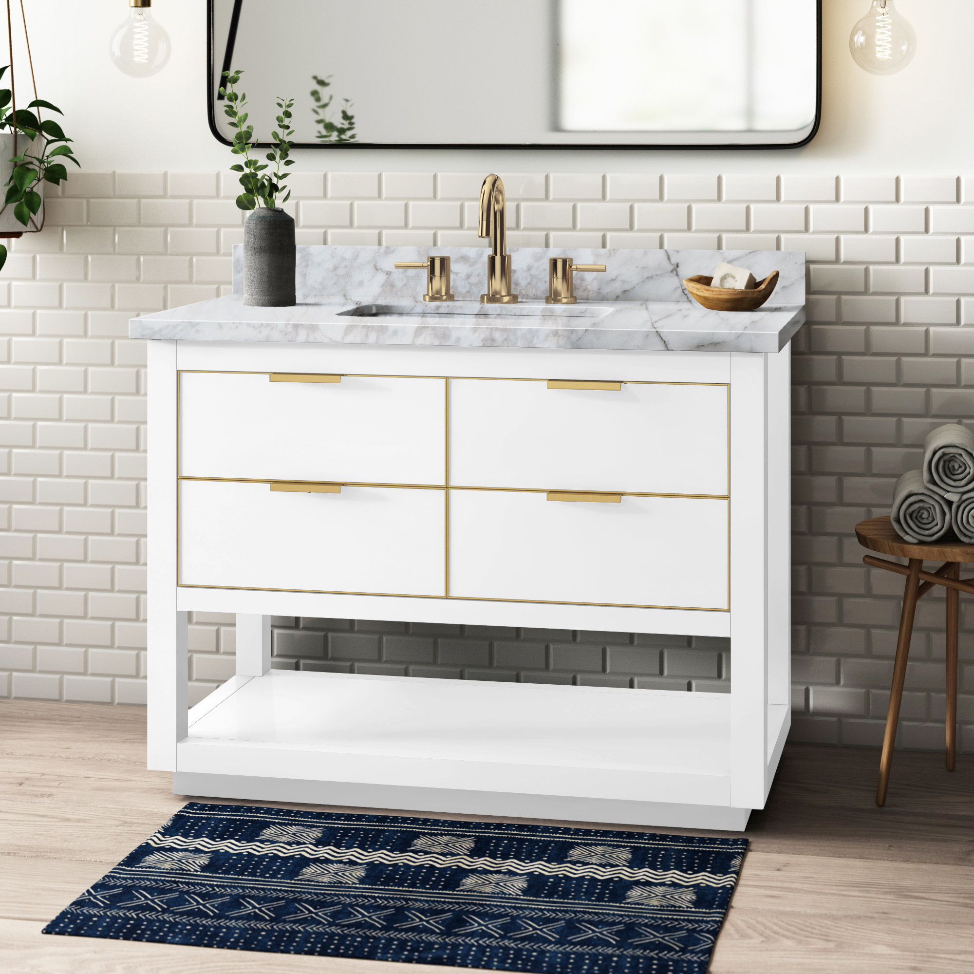 Allie 42" Single Bathroom Vanity Set, 42"W, Carrara White Marble/Gold, White