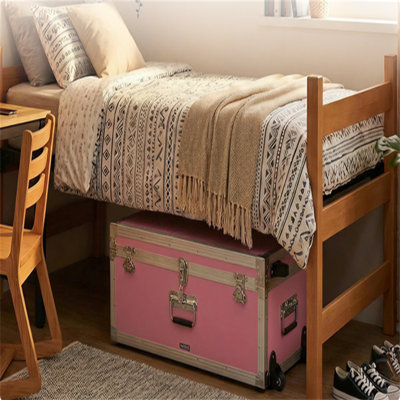 Vintage Metal Storage Trunks Set Of 2 - Pink Wooden Suitcase Boxes With Lids, Includes Padlocks & Casters, Large Decorative Chest With 3 Handles For Travel, Dorm, Apartment