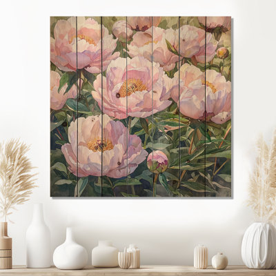 Peonies In The Flower Garden II - Peonies Wood Wall Art - On Natural Pine Wood