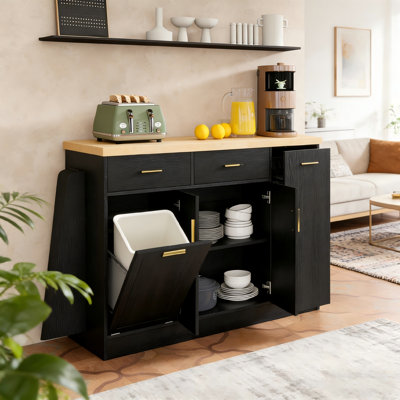 Buffet de rangement multifonctionnel avec porte coulissante, compartiment à poubelle et support à épices à 3 niveaux pour la cuisine et la salle à manger
