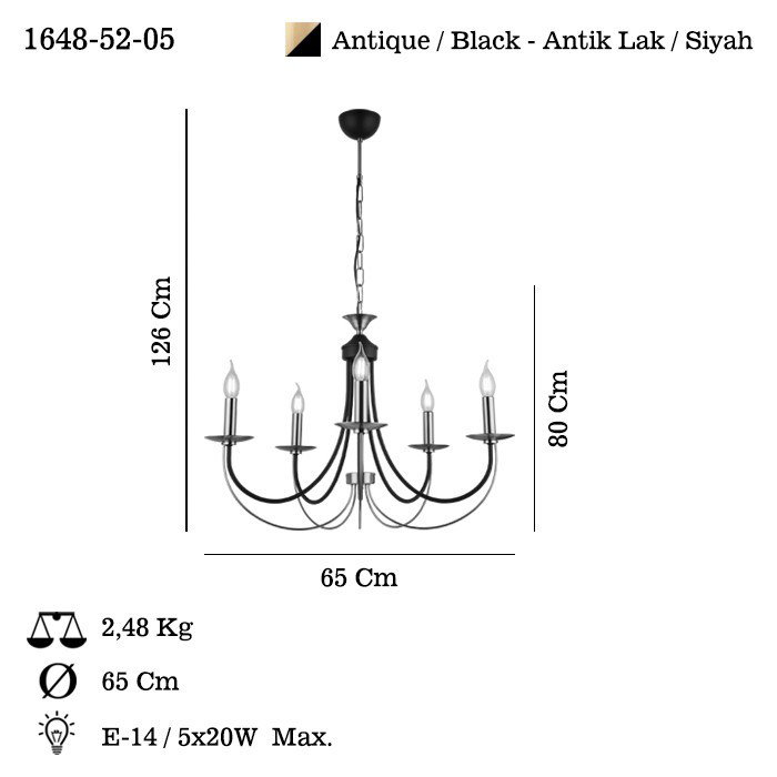 Antique Lacquer Chandelier, Adjustable Height 31.5 - 49.6 inches | Metal Body, 10 x 10 x 2 inches Base Plate | 5 x E14 Max 40W Sockets (Bulbs Not Included) | Stylish, Elegant Lighting for Home Décor & Dining Spaces