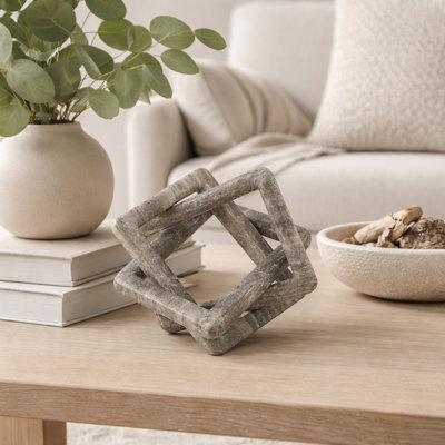 Decorative Interlocking Marble Sculpture Figurine For Home Decor - Modern Geometric Knot Statue Decorations For Living Room And Table Styling - Beige