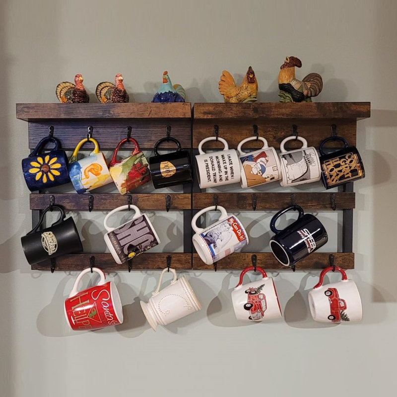Coffee Mug Rack Wall Mounted With 12 Hooks And Storage Shelf