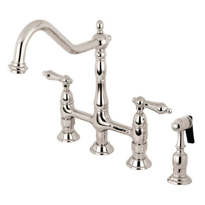 Kingston Brass Heritage Two-Handle 4-Hole Deck Mount Bridge Kitchen Faucet with Brass Side Sprayer, Polished Nickel