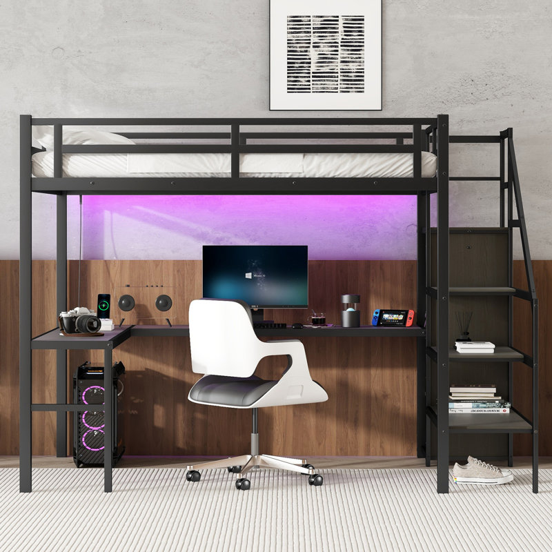 Full Xl Size Gaming Loft Bed With L-shaped Desk, Led And Charging Station, Metal Loft Bed With Wardrobe And Adjustable Shelf For Kids Teens Adults, Black