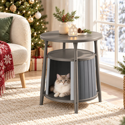 2 Tiers Round End Table With Cat House(Light Brown/Gray)