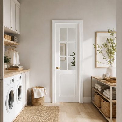 24" x 80" White Primed 6-Lite Tempered Clear Glass Solid Core Manufactured Wood Trimmable French Interior Door Slab for Pantry, Kitchen and Office, Without Frame and Hardware Kit