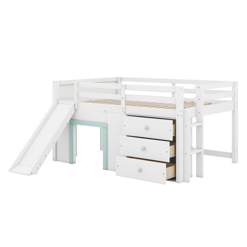 Full Size Low Loft Bed For Kids,Wood Modern Farmhouse Full Loft Bed With Slide And Drawer Storage, No Box Spring Needed