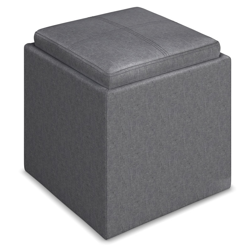 Rockwood 17"W Upholstered Vegan Leather Contemporary Square Storage Cube Ottoman with Flip-Over Tray, Assembled, Slate Grey